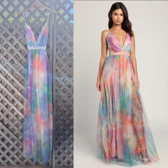 Lulus Dresses & Skirts - Elegant Moment Multi Watercolor Backless Maxi Dress